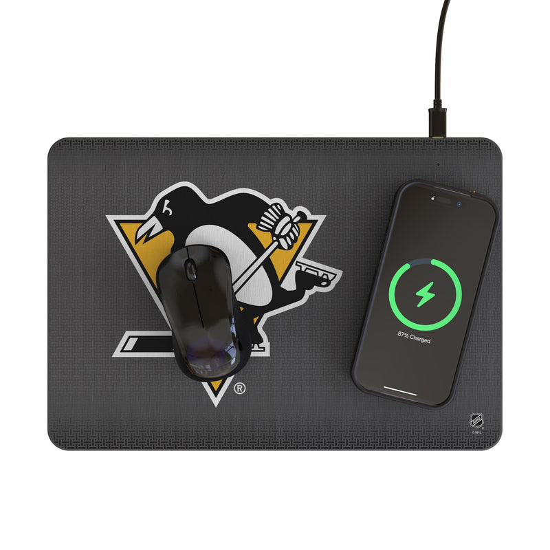 Pittsburgh Penguins Linen 15-Watt Wireless Charger and Mouse Pad Lifestyle.Jpg