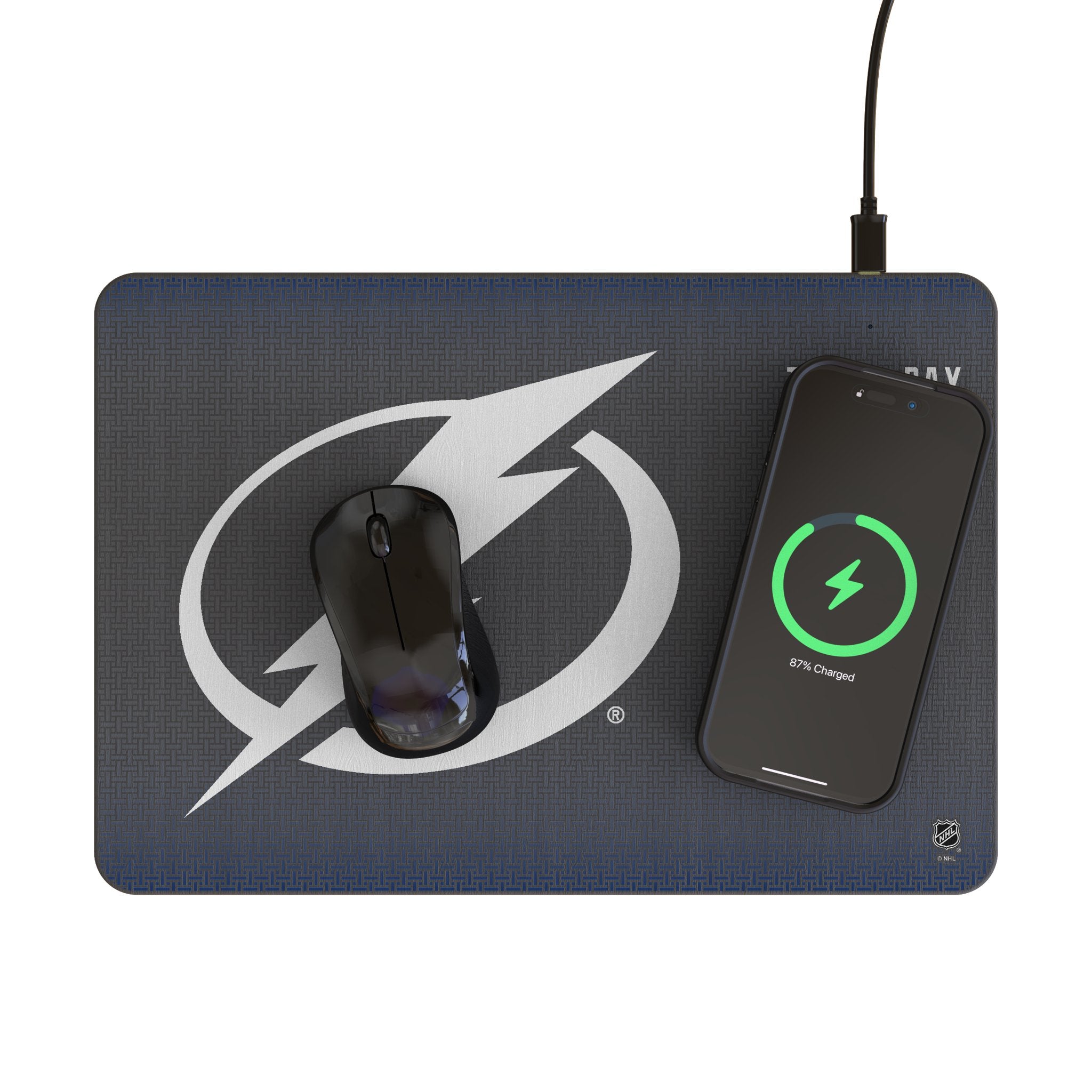 Tampa Bay Lightning Linen 15-Watt Wireless Charger and Mouse Pad Lifestyle.Jpg