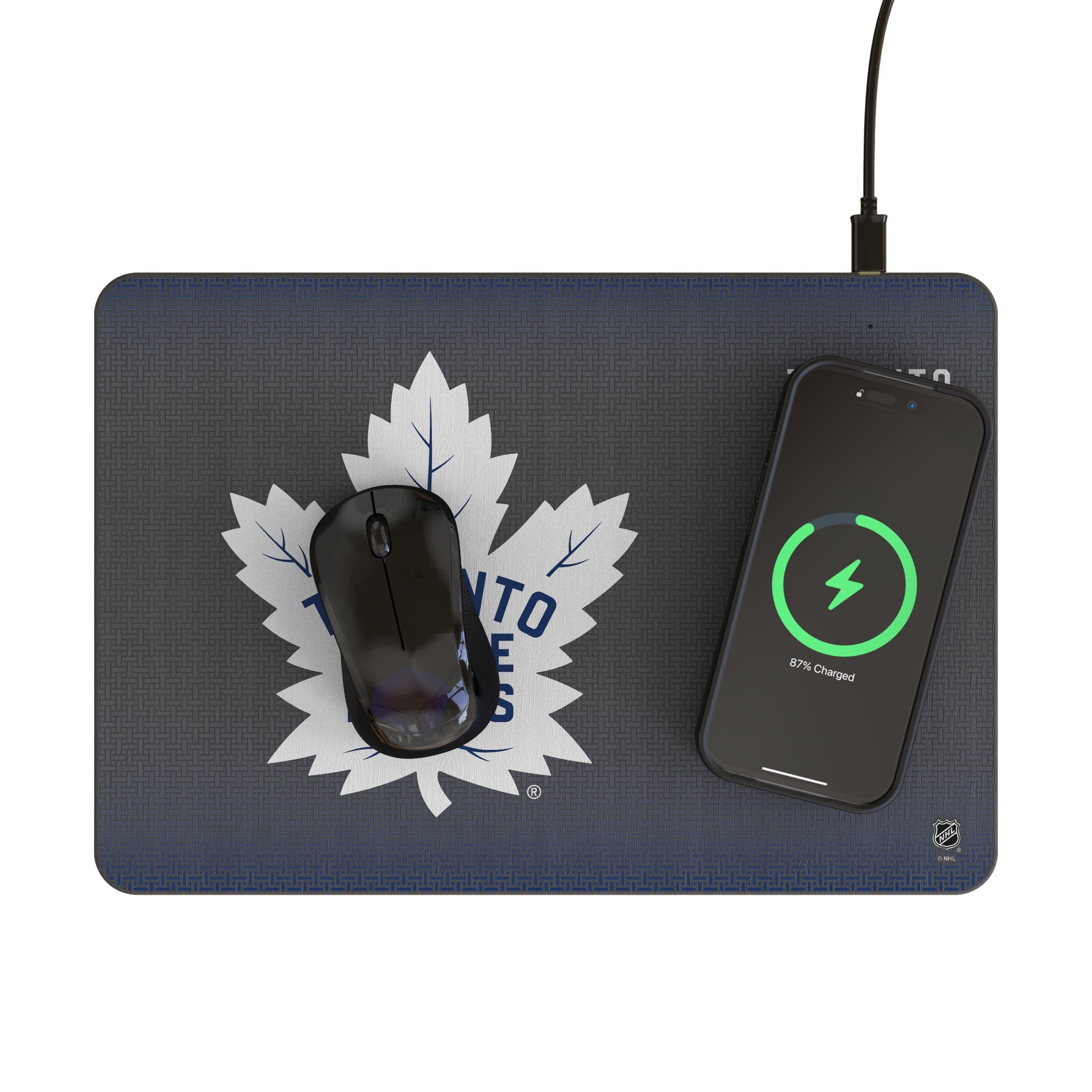 Toronto Maple Leafs Linen 15-Watt Wireless Charger and Mouse Pad Lifestyle.Jpg