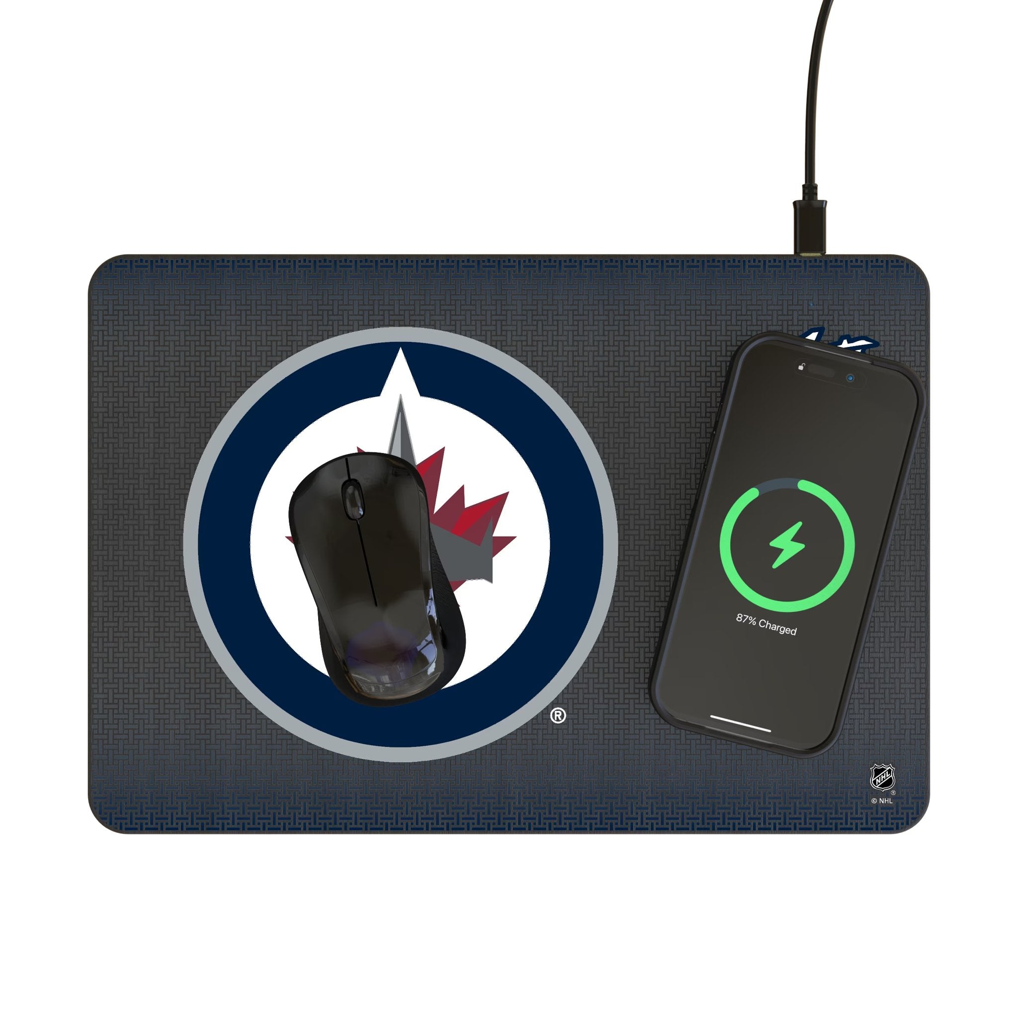 Winnipeg Jets Linen 15-Watt Wireless Charger and Mouse Pad Lifestyle.Jpg