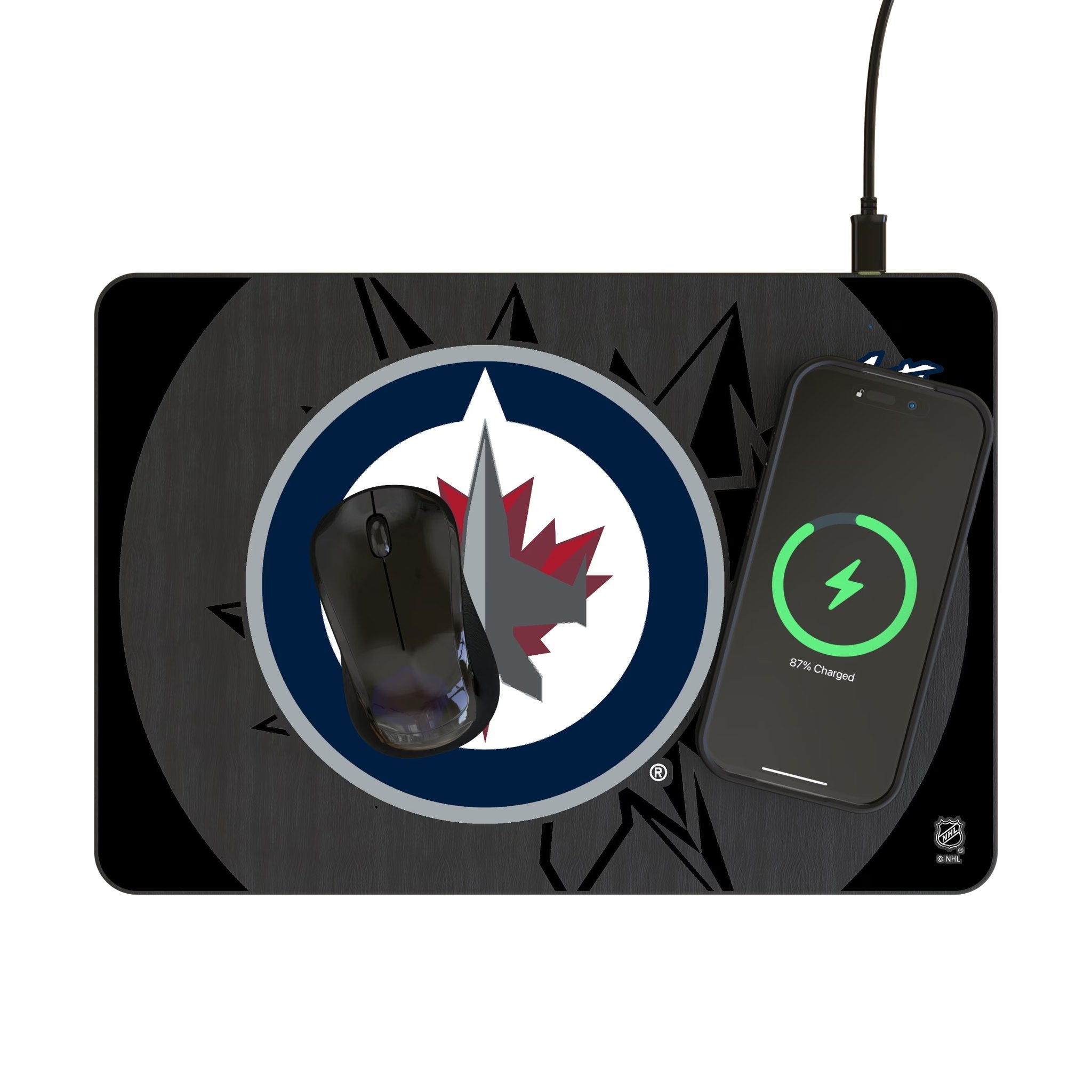 Winnipeg Jets Monocolor Tilt 15-Watt Wireless Charger and Mouse Pad Lifestyle.Jpg