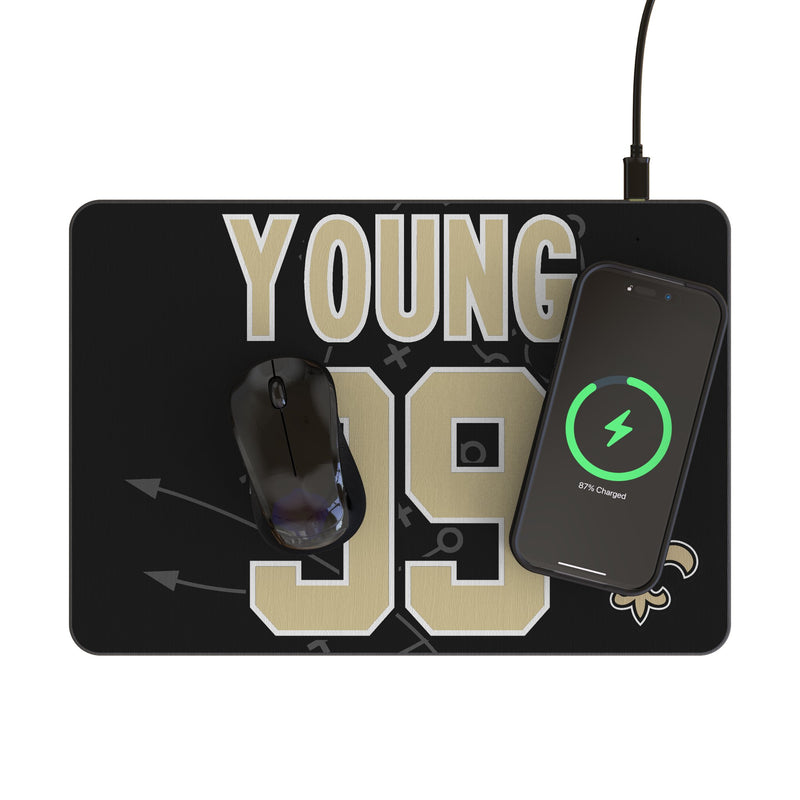 Chase Young New Orleans Saints 99 Game Tactic 15-Watt Wireless Charger and Mouse Pad Lifestyle.Jpg