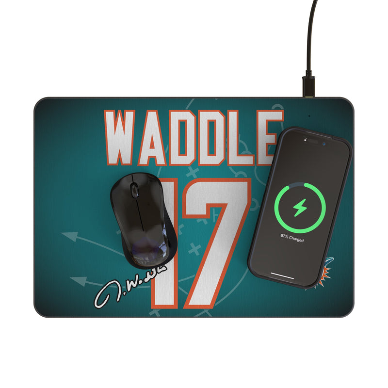 Jaylen Waddle Miami Dolphins 17 Game Tactic 15-Watt Wireless Charger and Mouse Pad Lifestyle.Jpg