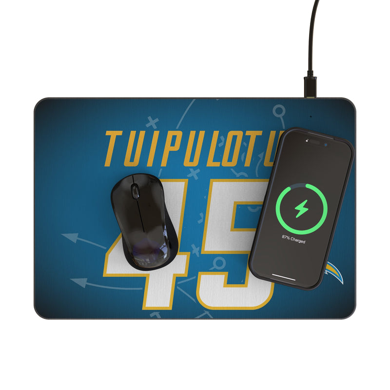 Tuli Tuipulotu Los Angeles Chargers 45 Game Tactic 15-Watt Wireless Charger and Mouse Pad Lifestyle.Jpg