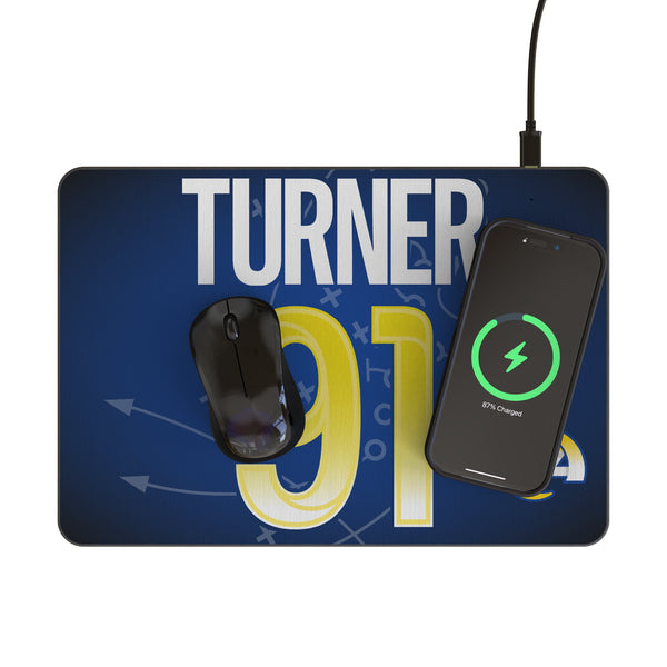 Kobie Turner Los Angeles Rams 91 Game Tactic 15-Watt Wireless Charger and Mouse Pad Lifestyle.Jpg