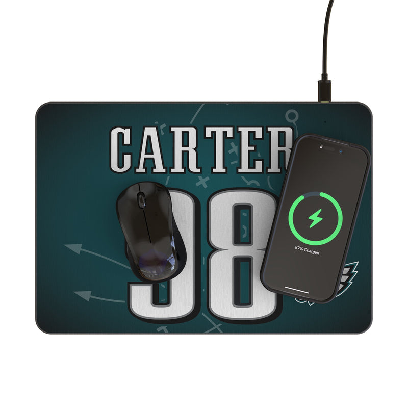Jalen Carter Philadelphia Eagles 98 Game Tactic 15-Watt Wireless Charger and Mouse Pad Lifestyle.Jpg