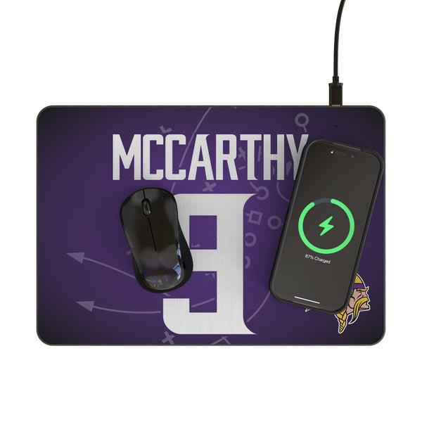 J.J. McCarthy Minnesota Vikings 9 Game Tactic 15-Watt Wireless Charger and Mouse Pad Lifestyle.Jpg