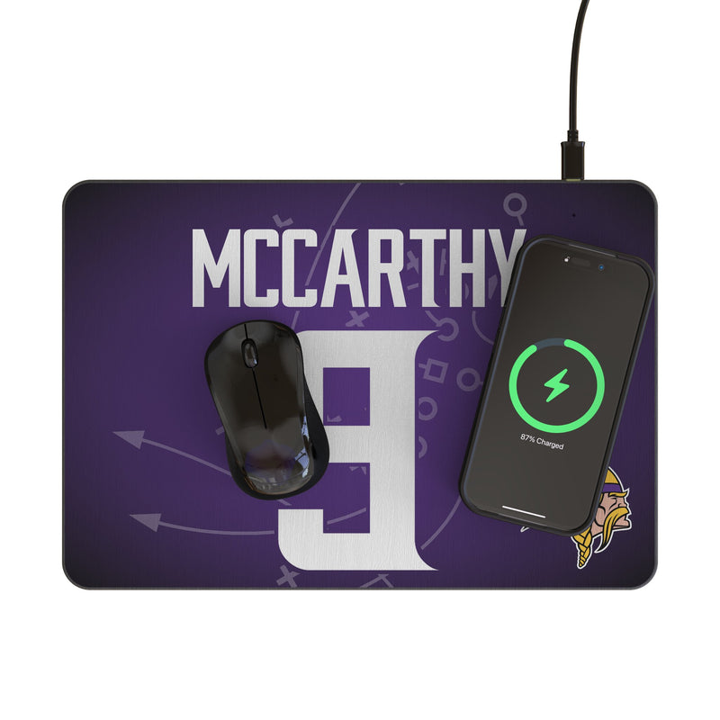 J.J. McCarthy Minnesota Vikings 9 Game Tactic 15-Watt Wireless Charger and Mouse Pad Lifestyle.Jpg