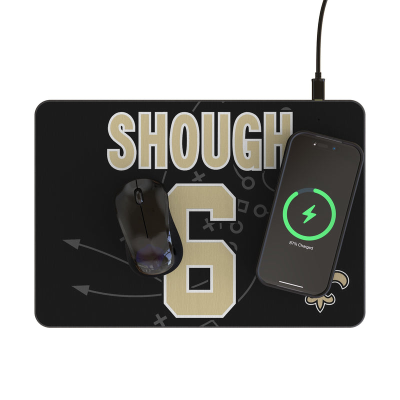 Tyler Shough New Orleans Saints 6 Game Tactic 15-Watt Wireless Charger and Mouse Pad Lifestyle.Jpg