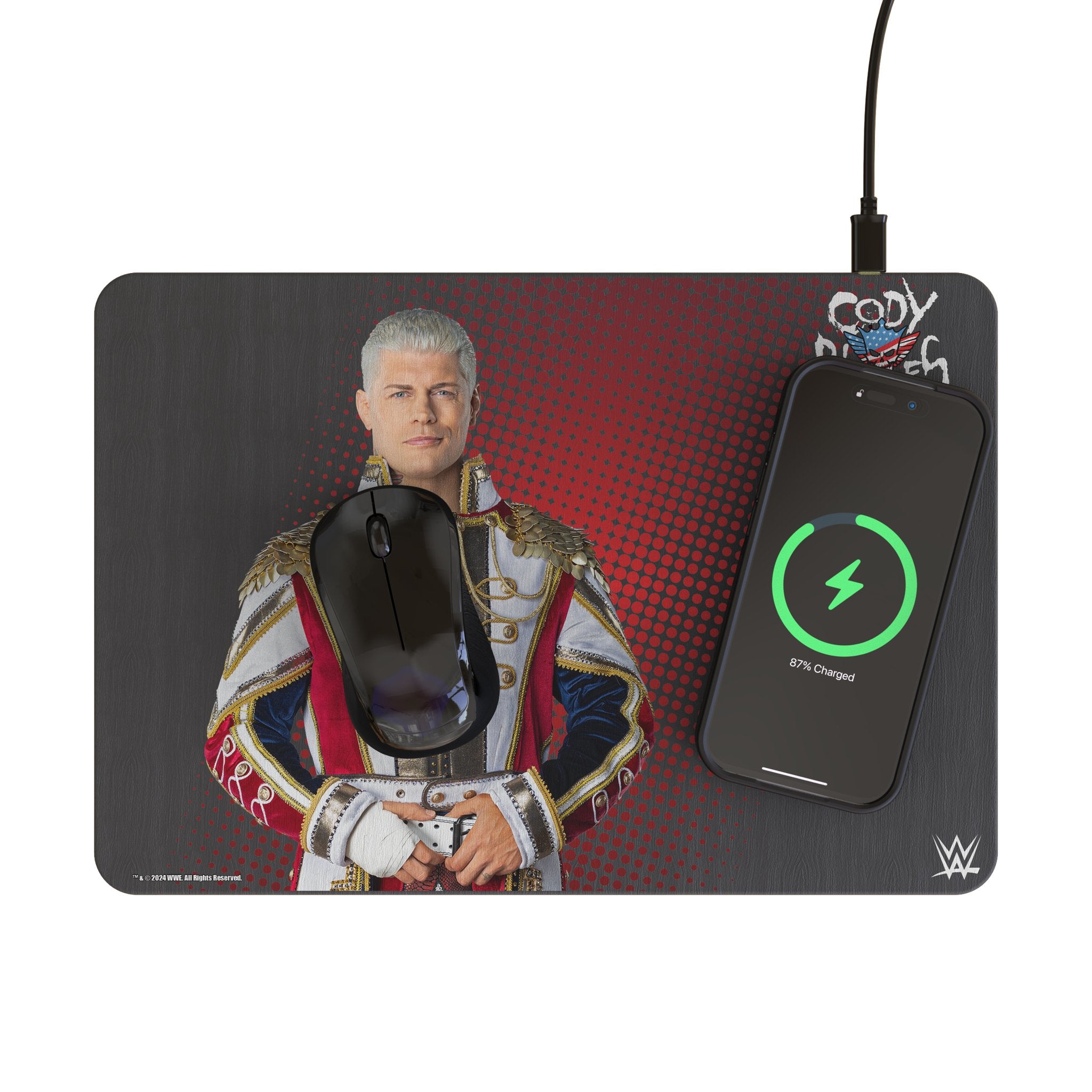 Cody Rhodes Superstar 15-Watt Wireless Charger and Mouse Pad Lifestyle.Jpg