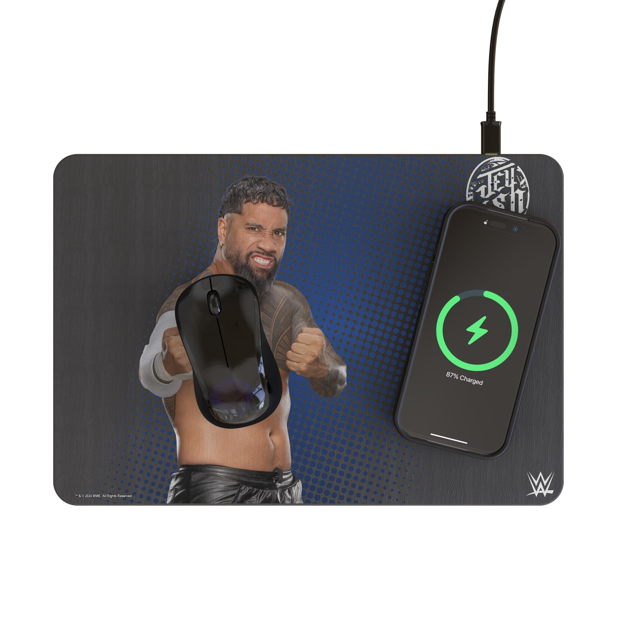 Jey Uso Superstar 15-Watt Wireless Charger and Mouse Pad Lifestyle.Jpg