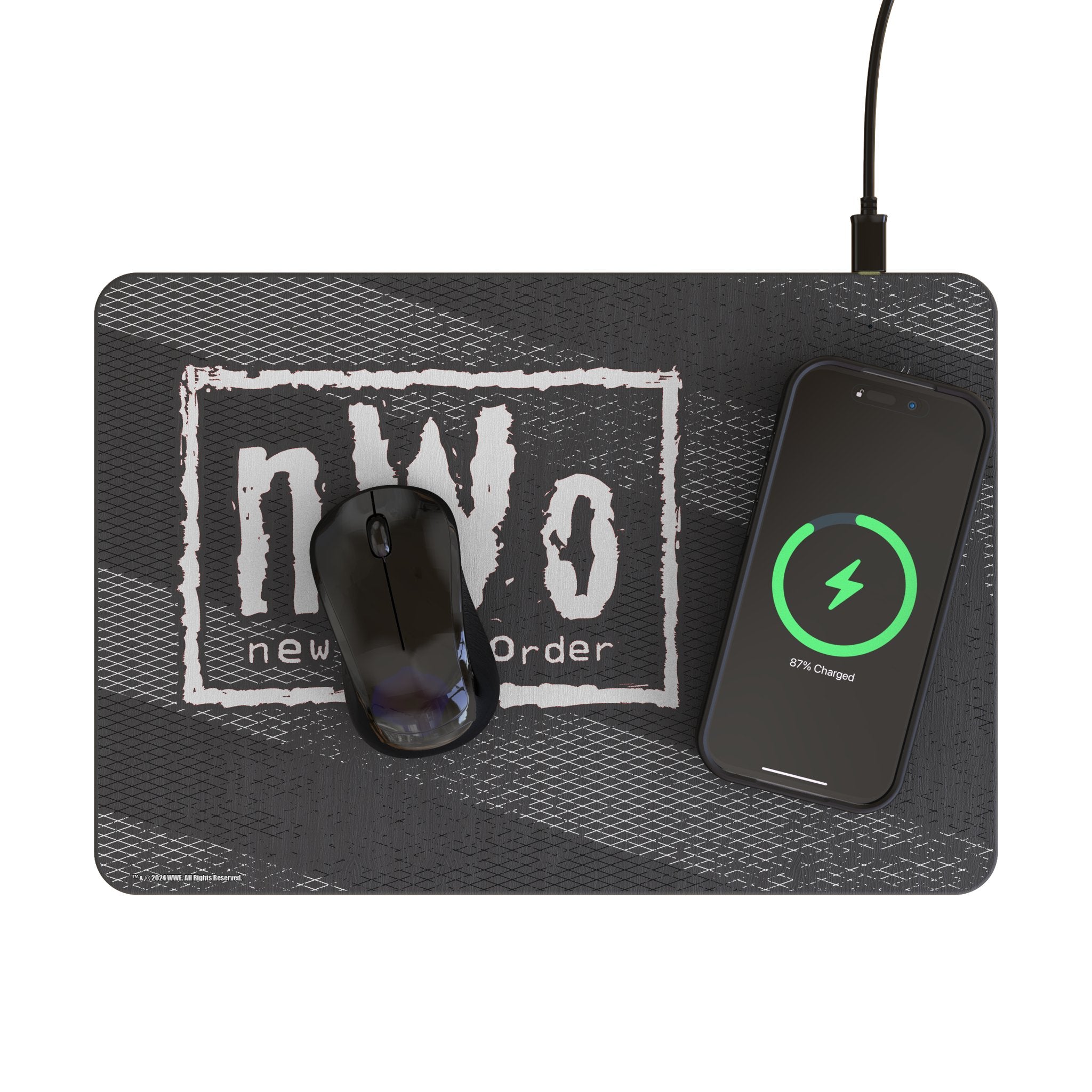 New World Order Steel 15-Watt Wireless Charger and Mouse Pad Lifestyle.Jpg