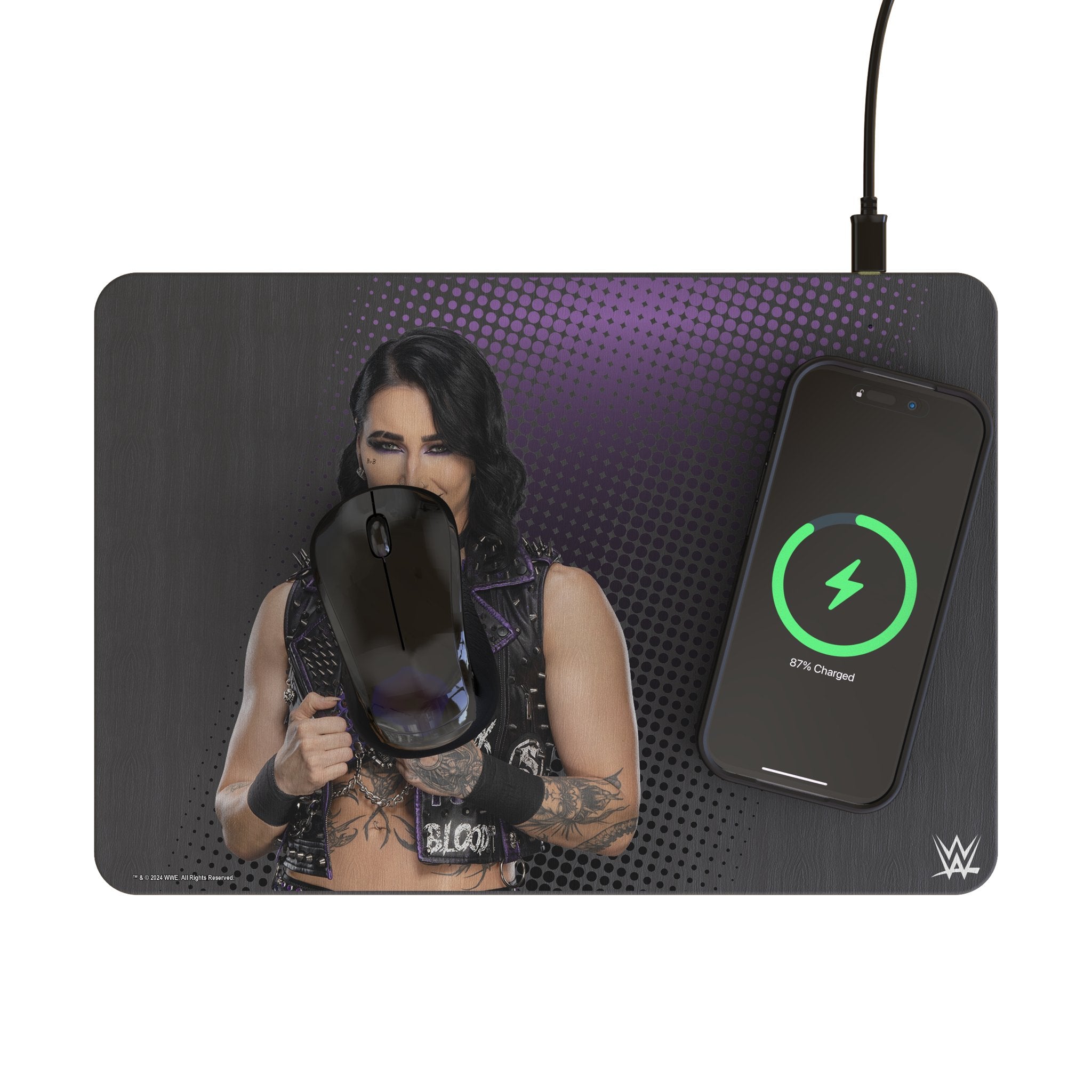 Rhea Ripley Superstar 15-Watt Wireless Charger and Mouse Pad Lifestyle.Jpg