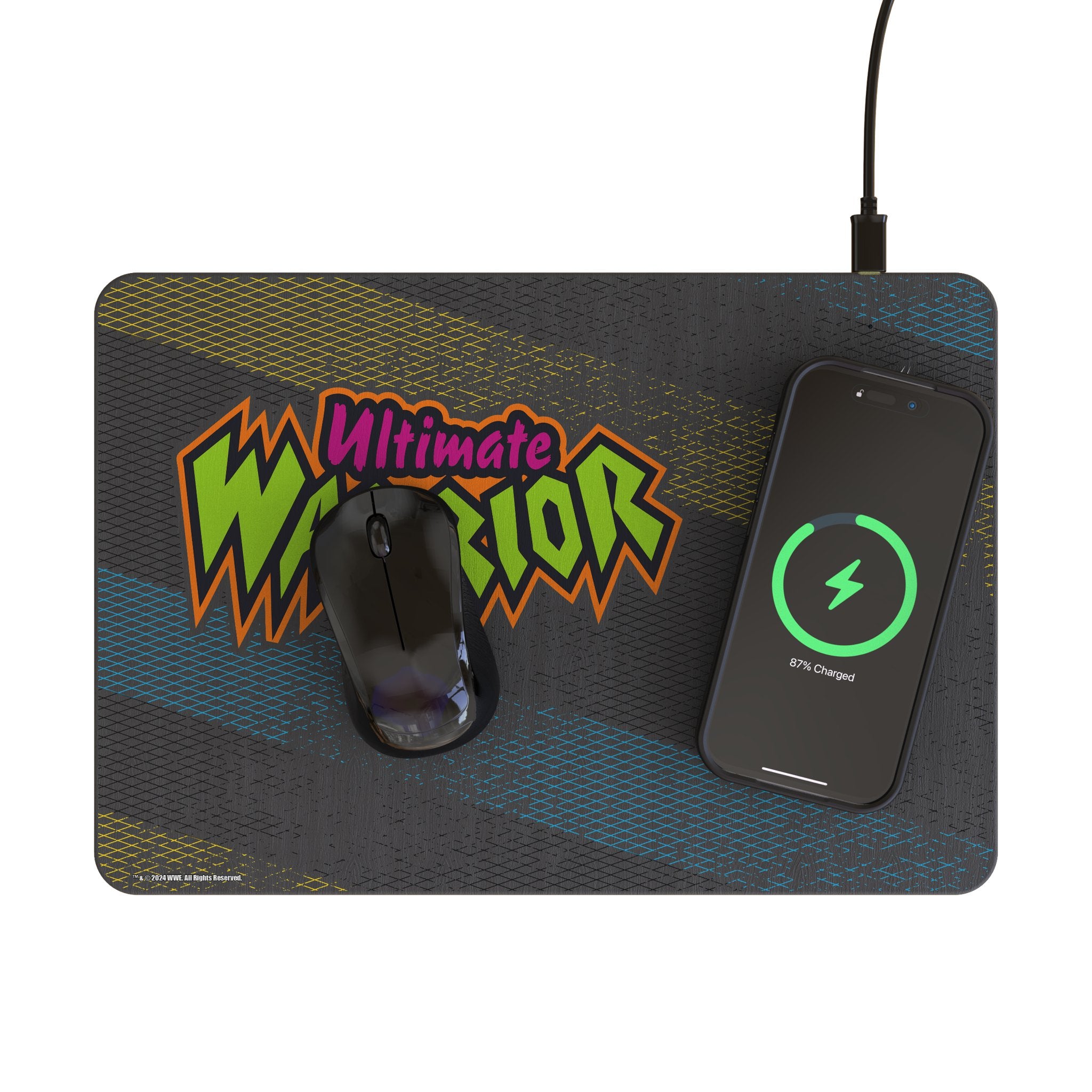 Ultimate Warrior Steel 15-Watt Wireless Charger and Mouse Pad Lifestyle.Jpg
