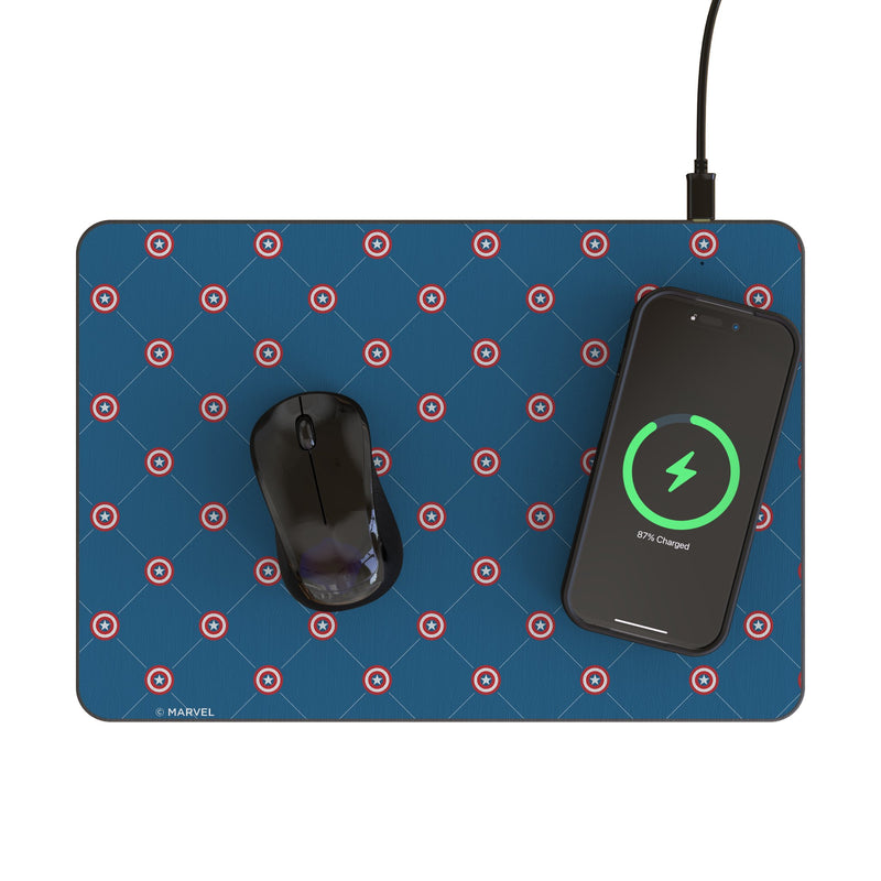 Marvel Avengers Captain America Pattern 15-Watt Wireless Charger and Mouse Pad Lifestyle.Jpg