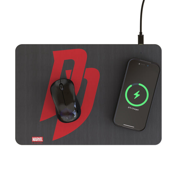 Marvel Daredevil Badge 15-Watt Wireless Charger and Mouse Pad Lifestyle.Jpg