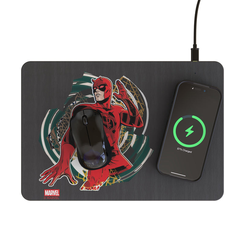Marvel Daredevil Badge 15-Watt Wireless Charger and Mouse Pad Lifestyle.Jpg