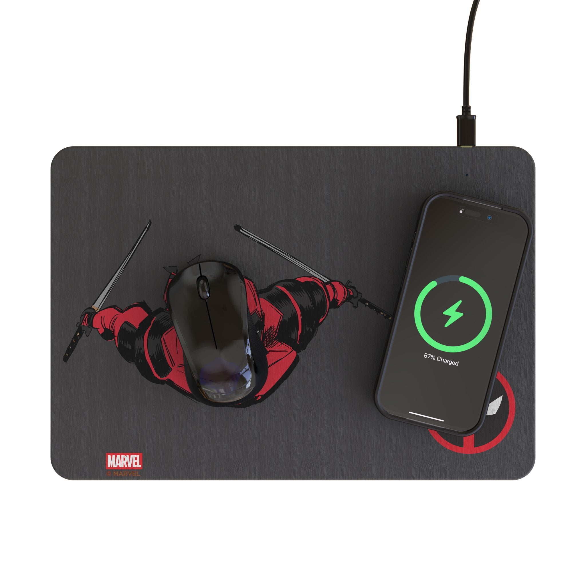 Marvel Deadpool Badge 15-Watt Wireless Charger and Mouse Pad Lifestyle.Jpg