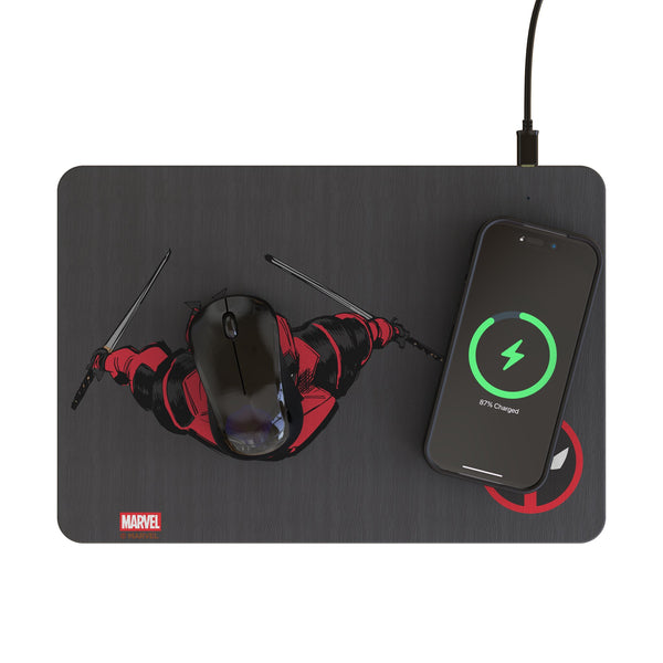 Marvel Deadpool Badge 15-Watt Wireless Charger and Mouse Pad Lifestyle.Jpg
