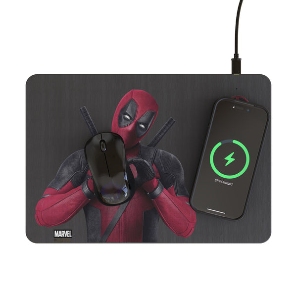 Marvel Deadpool Badge 15-Watt Wireless Charger and Mouse Pad Lifestyle.Jpg