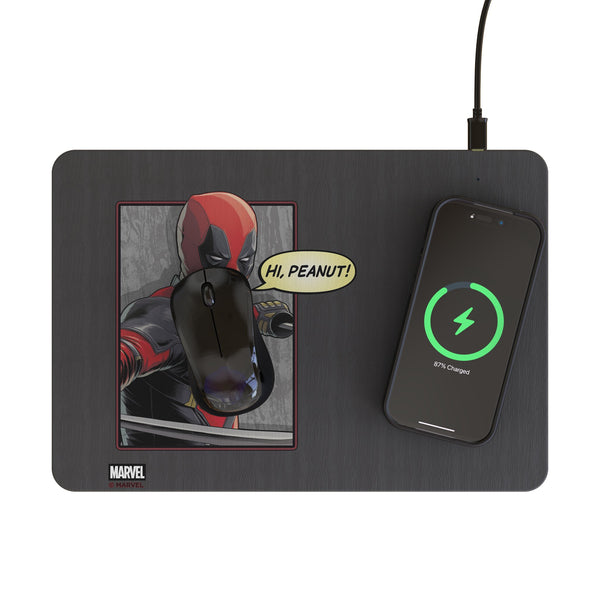 Marvel Deadpool Badge 15-Watt Wireless Charger and Mouse Pad Lifestyle.Jpg