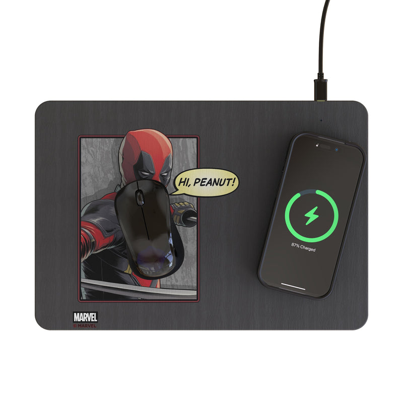 Marvel Deadpool Badge 15-Watt Wireless Charger and Mouse Pad Lifestyle.Jpg
