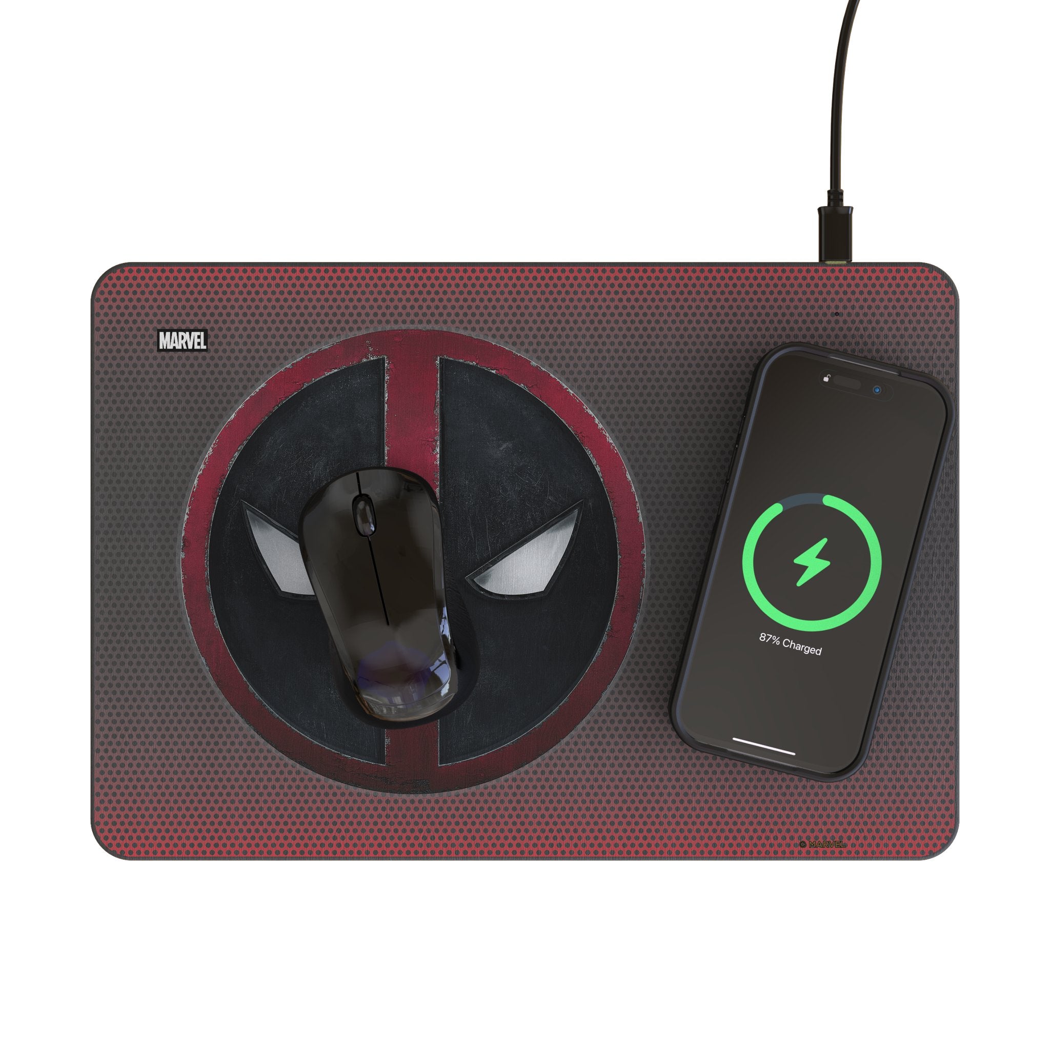 Marvel Deadpool Grid 15-Watt Wireless Charger and Mouse Pad Lifestyle.Jpg