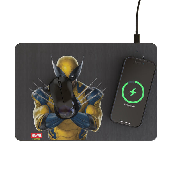 Marvel Deadpool Wolverine Badge 15-Watt Wireless Charger and Mouse Pad Lifestyle.Jpg