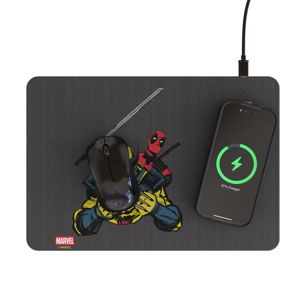 Marvel Deadpool Wolverine Badge 15-Watt Wireless Charger and Mouse Pad Lifestyle.Jpg
