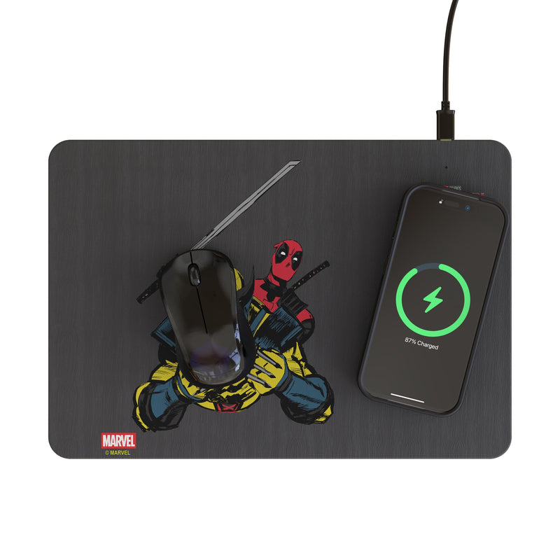 Marvel Deadpool Wolverine Badge 15-Watt Wireless Charger and Mouse Pad Lifestyle.Jpg