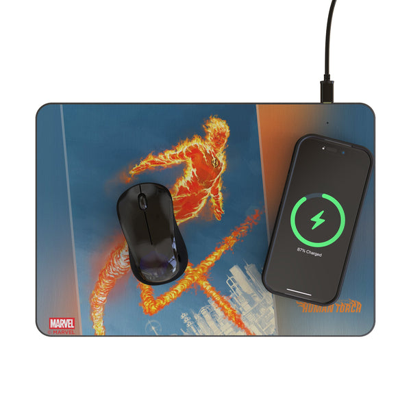 Marvel Human Torch Cover Art 15-Watt Wireless Charger and Mouse Pad Lifestyle.Jpg