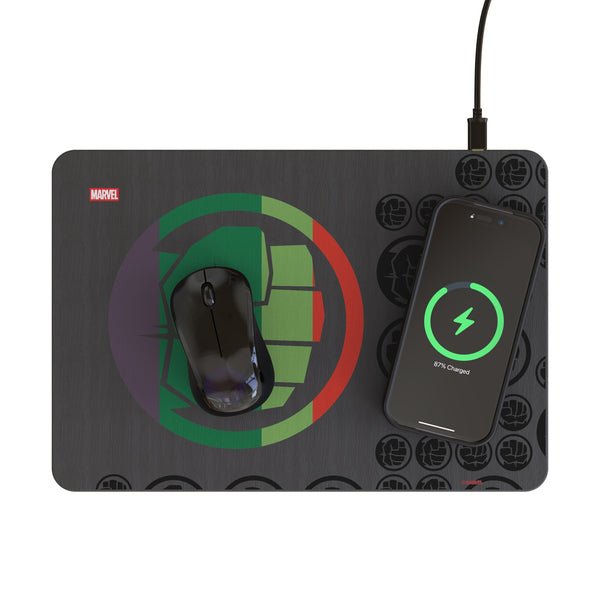 Marvel Avengers Hulk Sigil 15-Watt Wireless Charger and Mouse Pad Lifestyle.Jpg