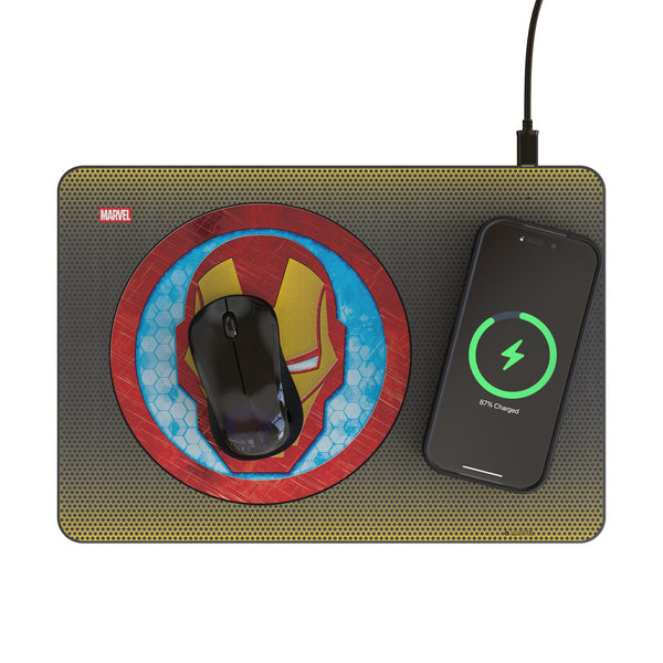 Marvel Avengers Iron Man Grid 15-Watt Wireless Charger and Mouse Pad Lifestyle.Jpg