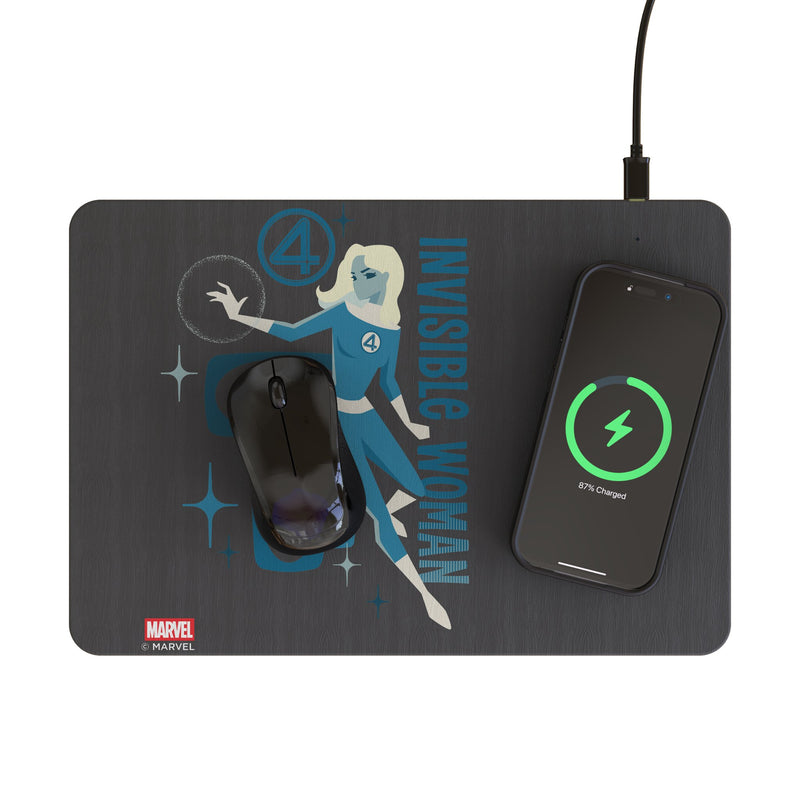Marvel Invisible Woman Badge 15-Watt Wireless Charger and Mouse Pad Lifestyle.Jpg
