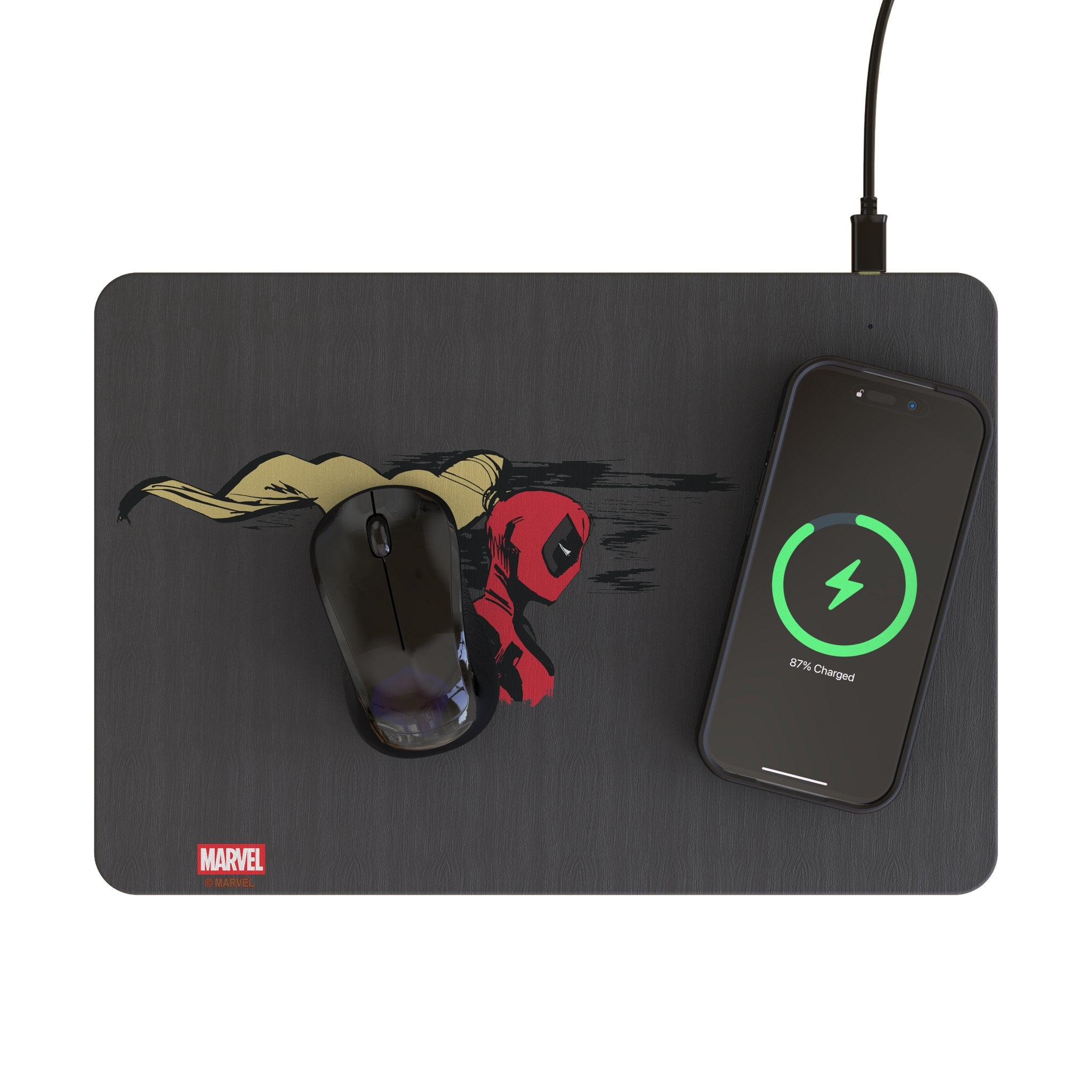 Marvel Ladypool Badge 15-Watt Wireless Charger and Mouse Pad Lifestyle.Jpg