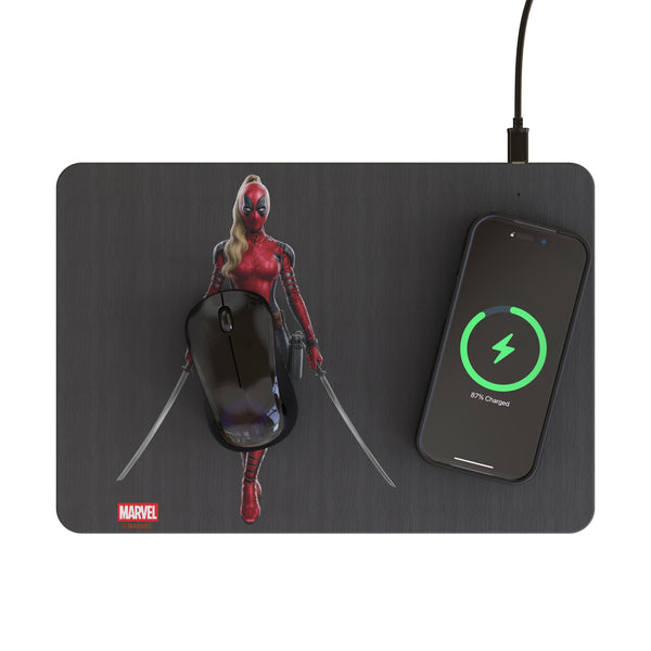 Marvel Ladypool Badge 15-Watt Wireless Charger and Mouse Pad Lifestyle.Jpg