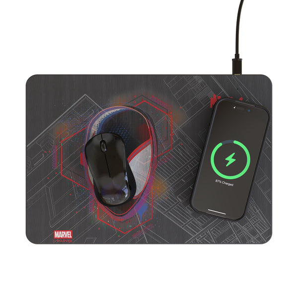 Marvel Miles Morales Badge 15-Watt Wireless Charger and Mouse Pad Lifestyle.Jpg