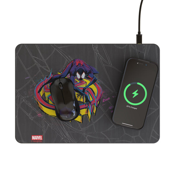 Marvel Miles Morales Badge 15-Watt Wireless Charger and Mouse Pad Lifestyle.Jpg