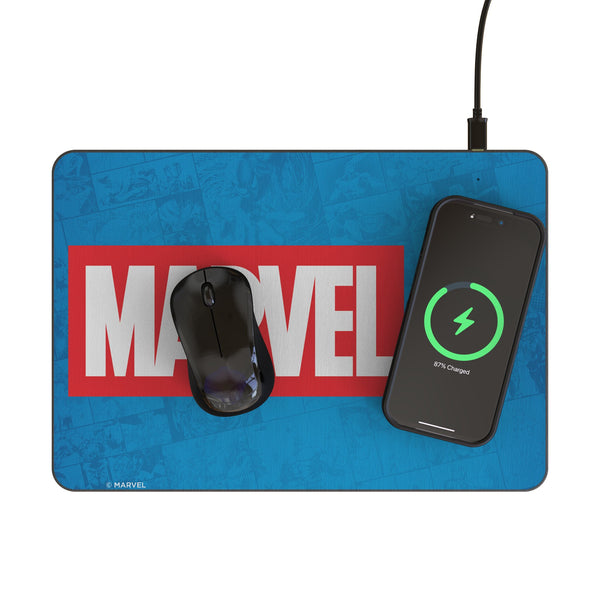 Marvel Comics Marvel Logo 15-Watt Wireless Charger and Mouse Pad Lifestyle.Jpg