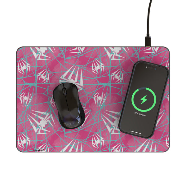 Marvel Spider-Gwen Pattern 15-Watt Wireless Charger and Mouse Pad Lifestyle.Jpg