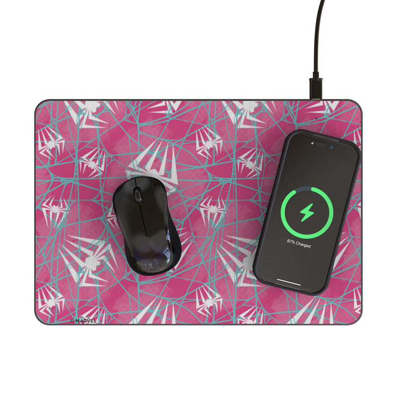 Marvel Spider-Gwen Pattern 15-Watt Wireless Charger and Mouse Pad Lifestyle.Jpg