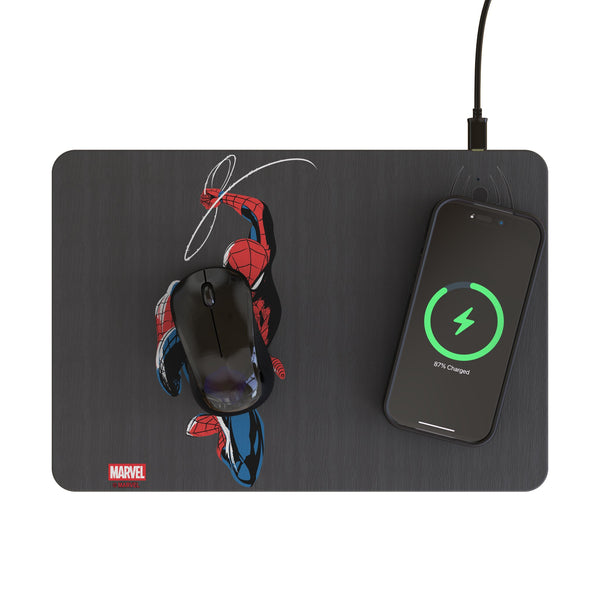 Marvel Spider-Man Badge 15-Watt Wireless Charger and Mouse Pad Lifestyle.Jpg