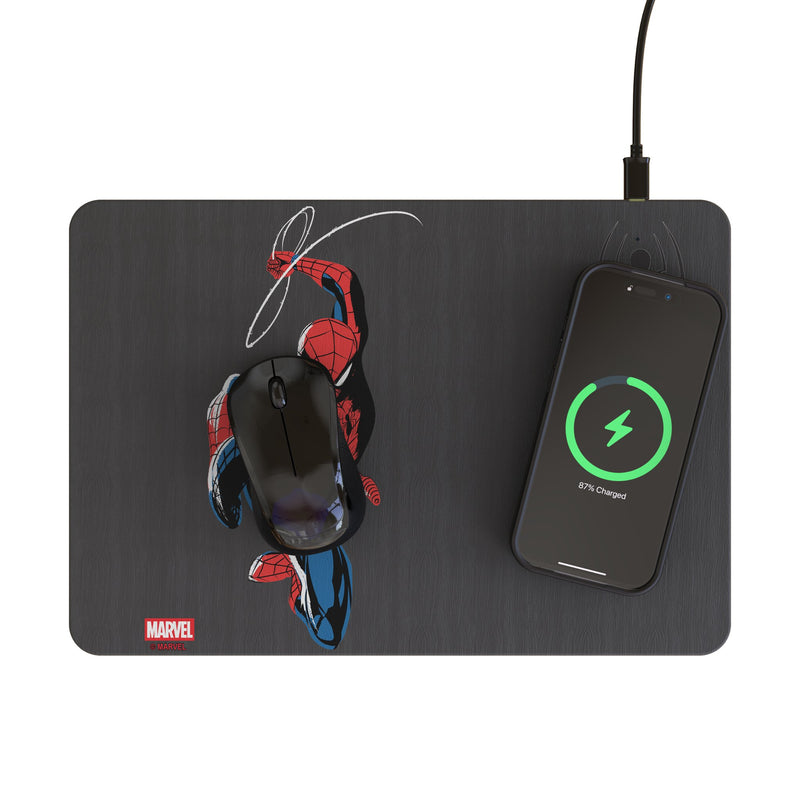 Marvel Spider-Man Badge 15-Watt Wireless Charger and Mouse Pad Lifestyle.Jpg
