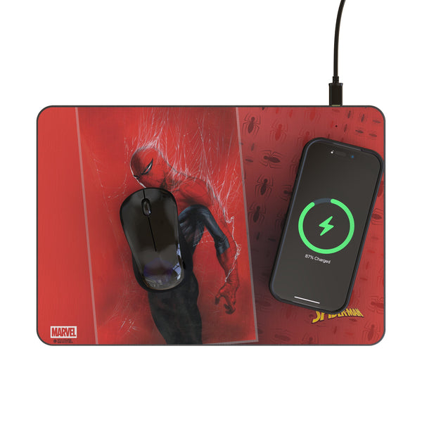 Marvel Spider-Man Cover Art 15-Watt Wireless Charger and Mouse Pad Lifestyle.Jpg