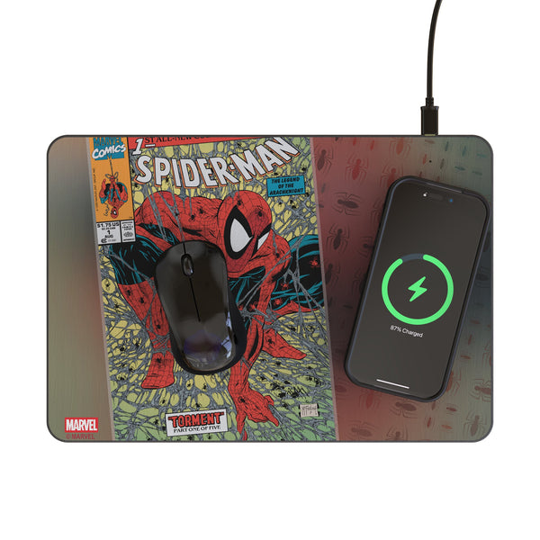 Marvel Spider-Man Classic Cover 15-Watt Wireless Charger and Mouse Pad Lifestyle.Jpg