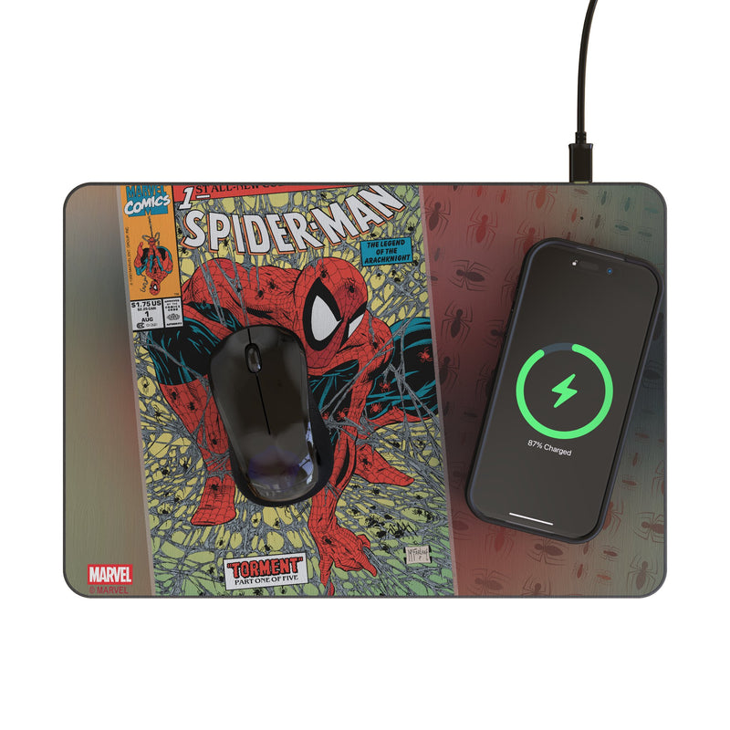 Marvel Spider-Man Classic Cover 15-Watt Wireless Charger and Mouse Pad Lifestyle.Jpg