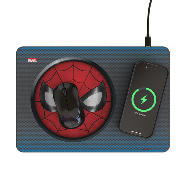 Marvel Spider-Man Grid 15-Watt Wireless Charger and Mouse Pad Lifestyle.Jpg