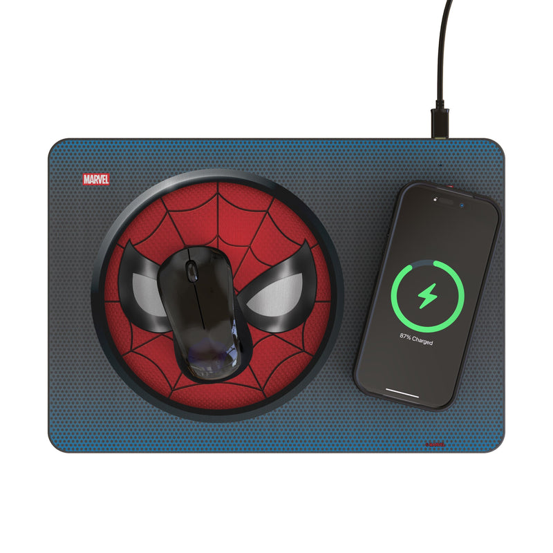 Marvel Spider-Man Grid 15-Watt Wireless Charger and Mouse Pad Lifestyle.Jpg