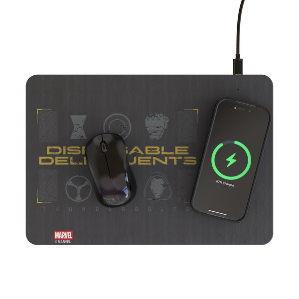 Marvel Thunderbolts Badge 15-Watt Wireless Charger and Mouse Pad Lifestyle.Jpg