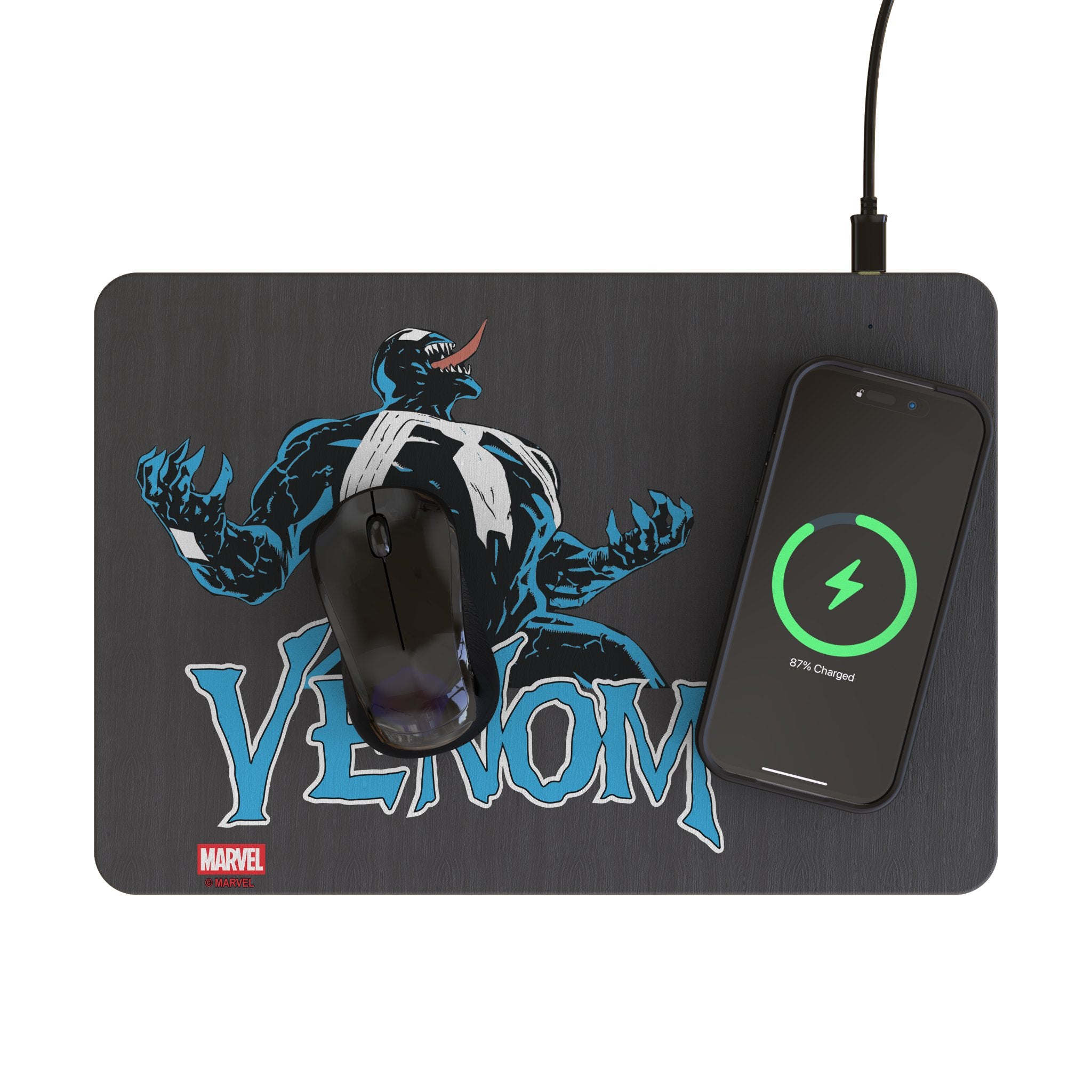 Marvel Venom Badge 15-Watt Wireless Charger and Mouse Pad Lifestyle.Jpg